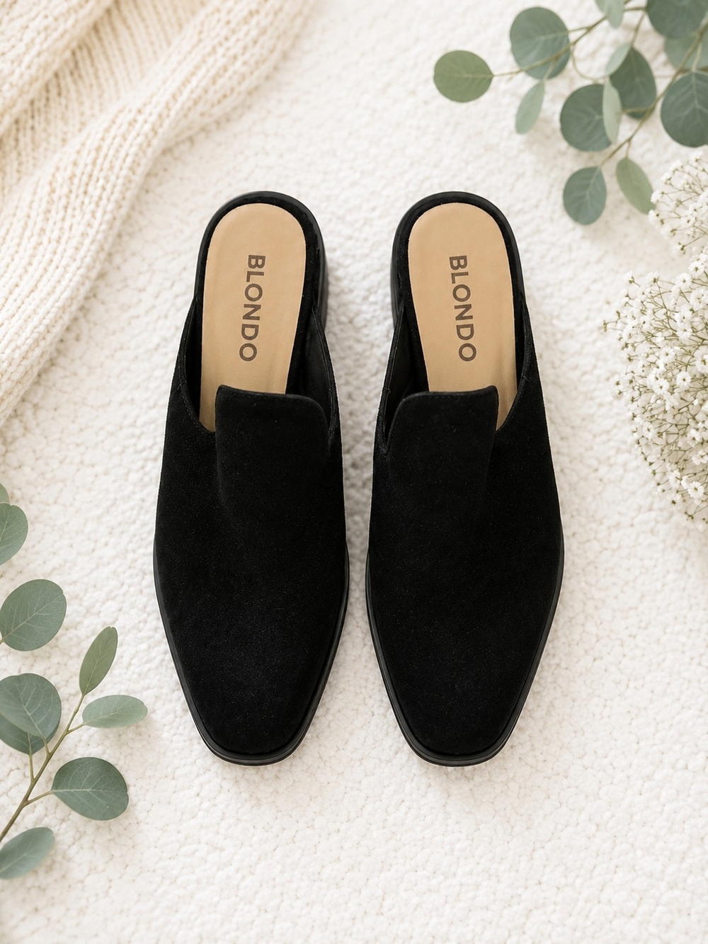New BLONDO Black Suede Slip-On Mules